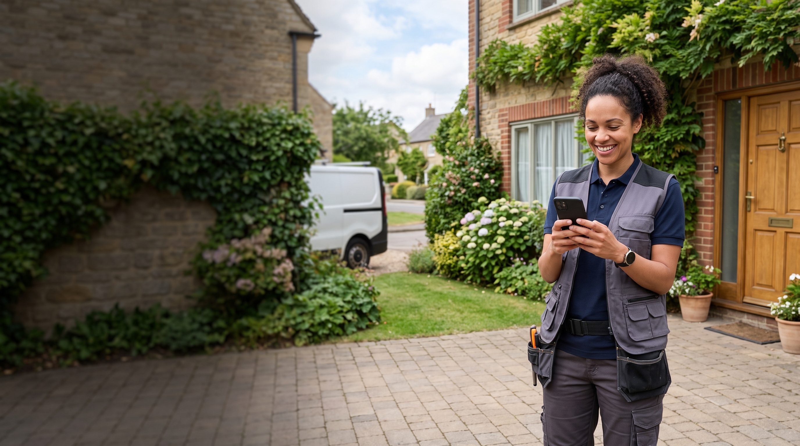 UK tradeswoman reviewing a new local-service opportunity